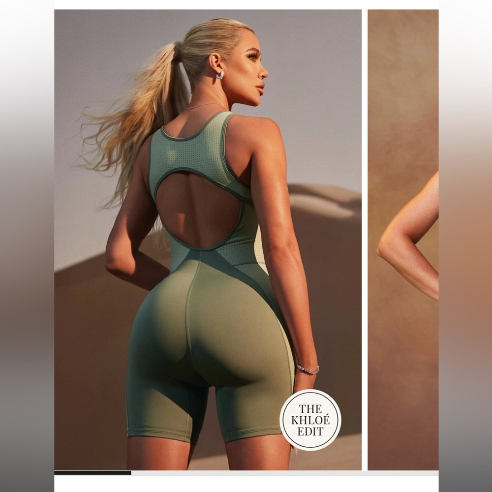 Fabletics Khloe Kardashian Sage Green Open-Back Biker Romper